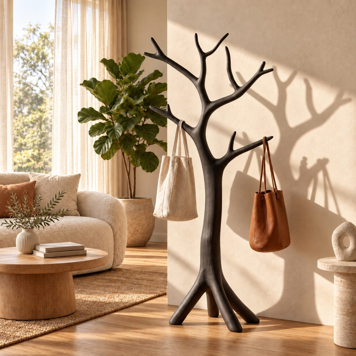 Sculpted Bare Branch Tree Coat Rack, Freestanding Smooth Solid Wood Hall Tree with Splayed Roots, 60-80 Inch