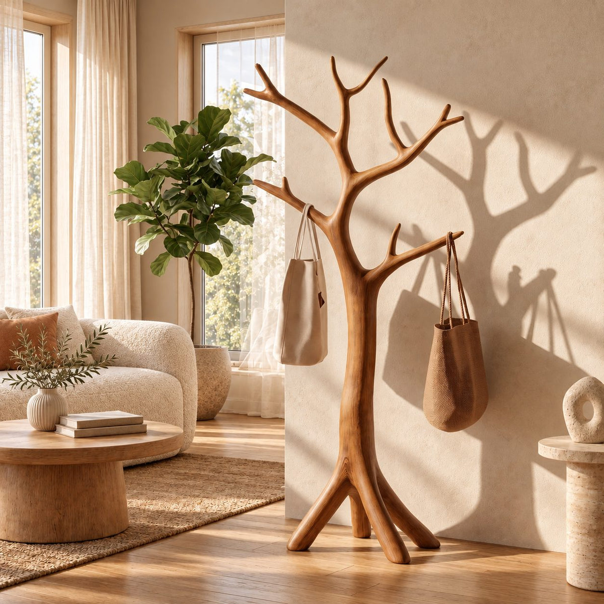 Sculpted Bare Branch Tree Coat Rack, Freestanding Smooth Solid Wood Hall Tree with Splayed Roots, 60-80 Inch