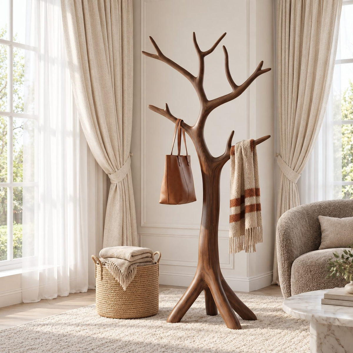 Sculpted Bare Branch Tree Coat Rack, Freestanding Smooth Solid Wood Hall Tree with Splayed Roots, 60-80 Inch