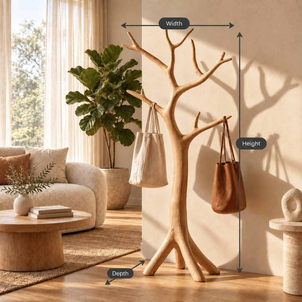 Sculpted Bare Branch Tree Coat Rack, Freestanding Smooth Solid Wood Hall Tree with Splayed Roots, 60-80 Inch