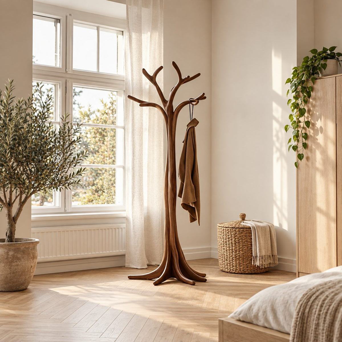 Flared Root Tree Coat Stand, Freestanding Carved Solid Wood Coat Tree and Hat Stand for Entryway, 60-80 Inch