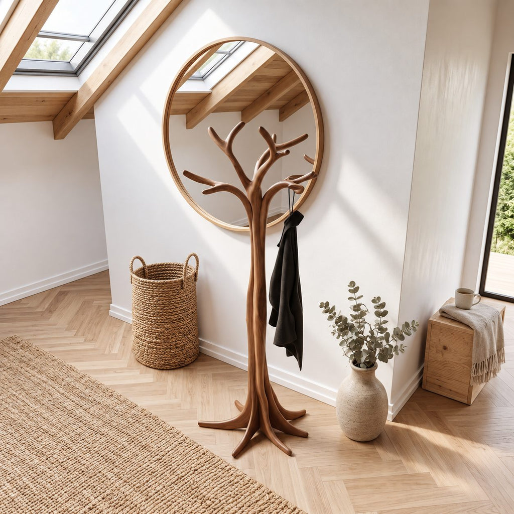 Flared Root Tree Coat Stand, Freestanding Carved Solid Wood Coat Tree and Hat Stand for Entryway, 60-80 Inch