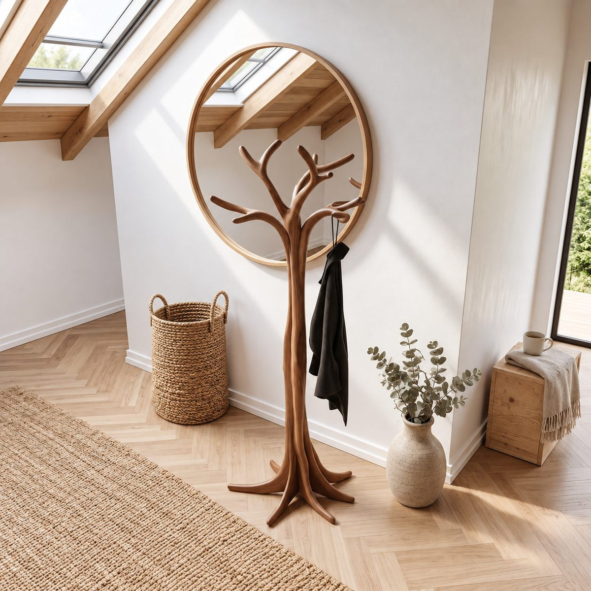 Flared Root Tree Coat Stand, Freestanding Carved Solid Wood Coat Tree and Hat Stand for Entryway, 60-80 Inch