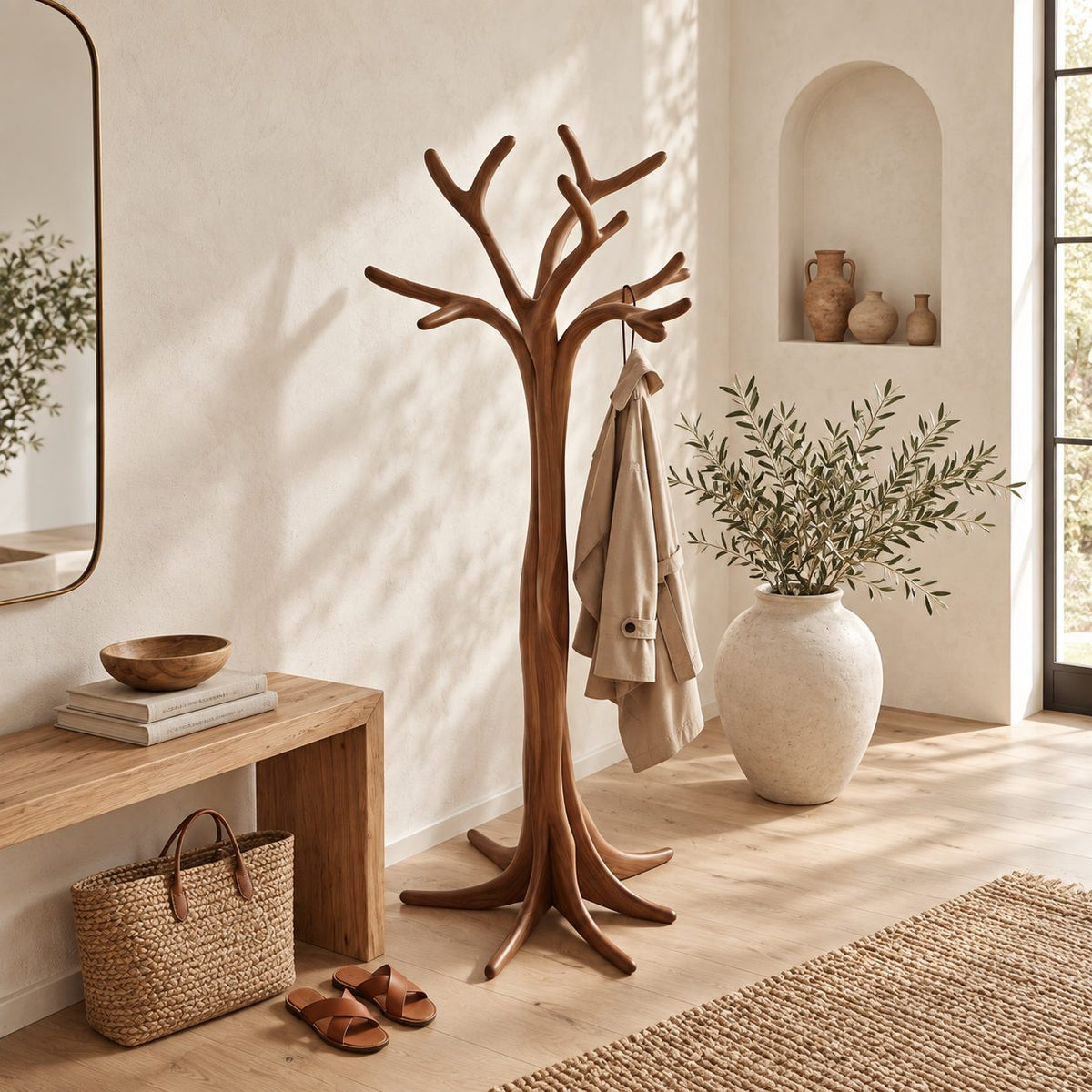 Flared Root Tree Coat Stand, Freestanding Carved Solid Wood Coat Tree and Hat Stand for Entryway, 60-80 Inch