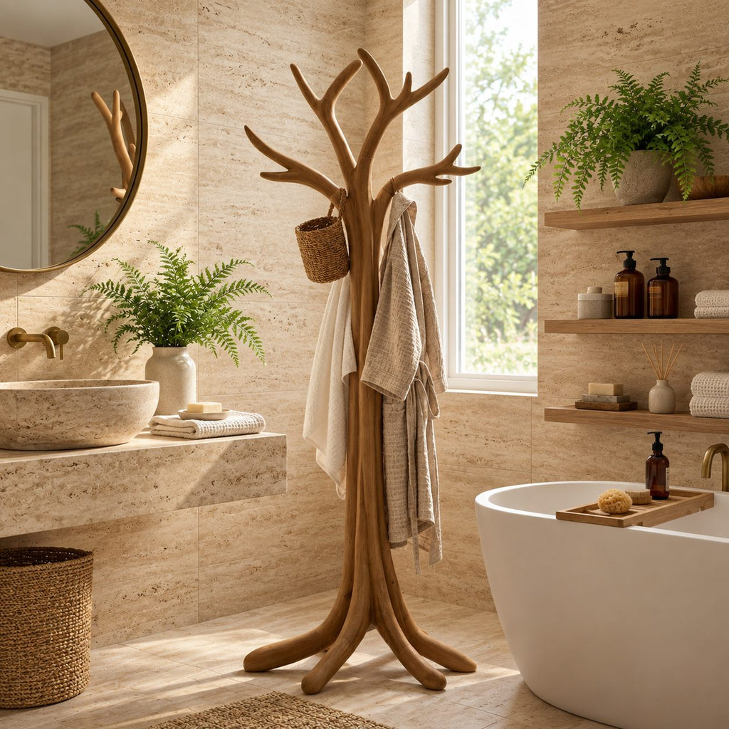 Flared Root Tree Coat Stand, Freestanding Carved Solid Wood Coat Tree and Hat Stand for Entryway, 60-80 Inch