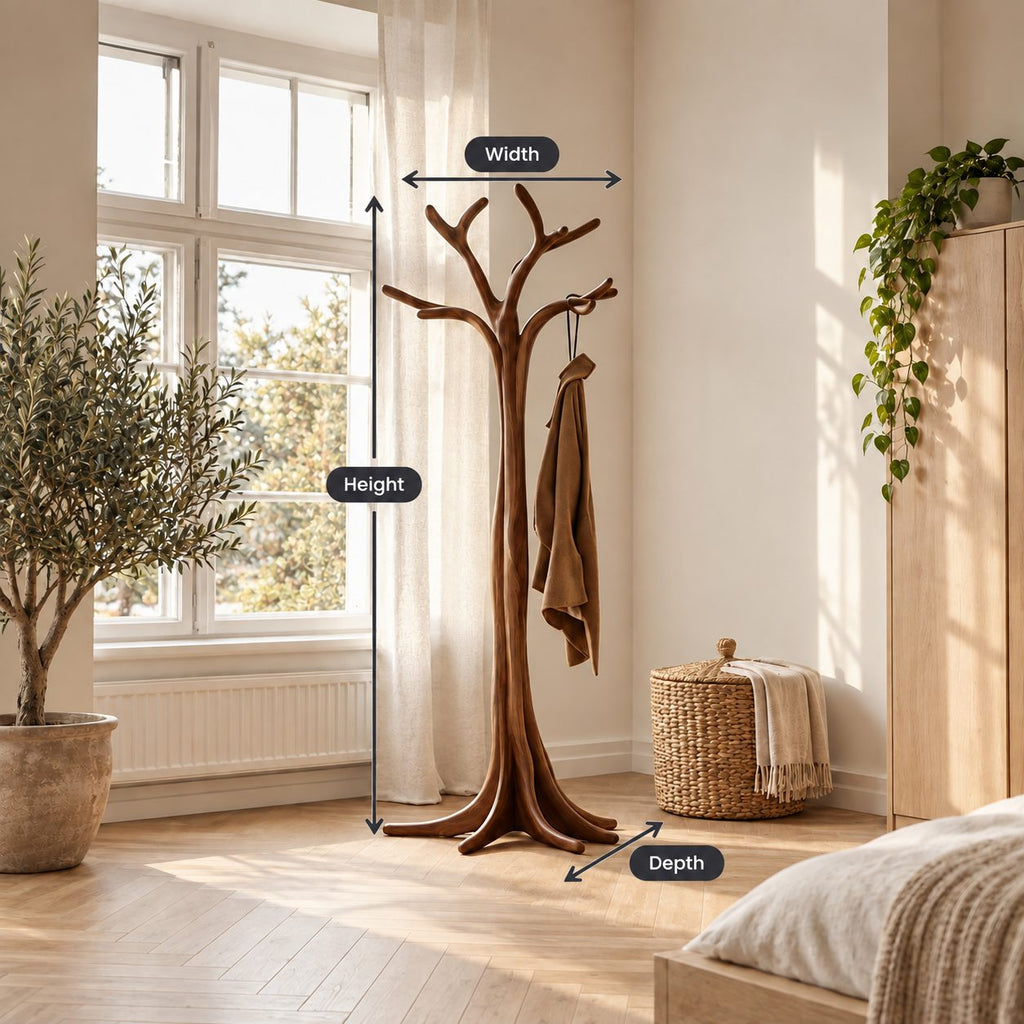 Flared Root Tree Coat Stand, Freestanding Carved Solid Wood Coat Tree and Hat Stand for Entryway, 60-80 Inch
