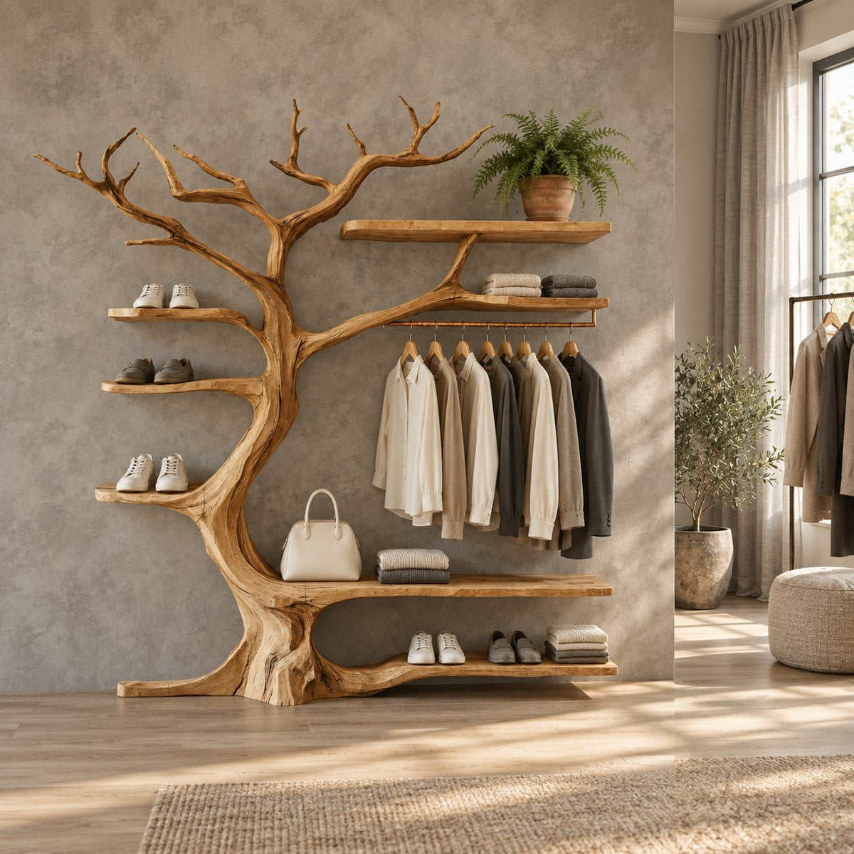 Tree Branch Wall Wardrobe with Hanging Rail and Shoe Shelves, Solid Wood Open Closet Organizer, 60 x 70 Inch