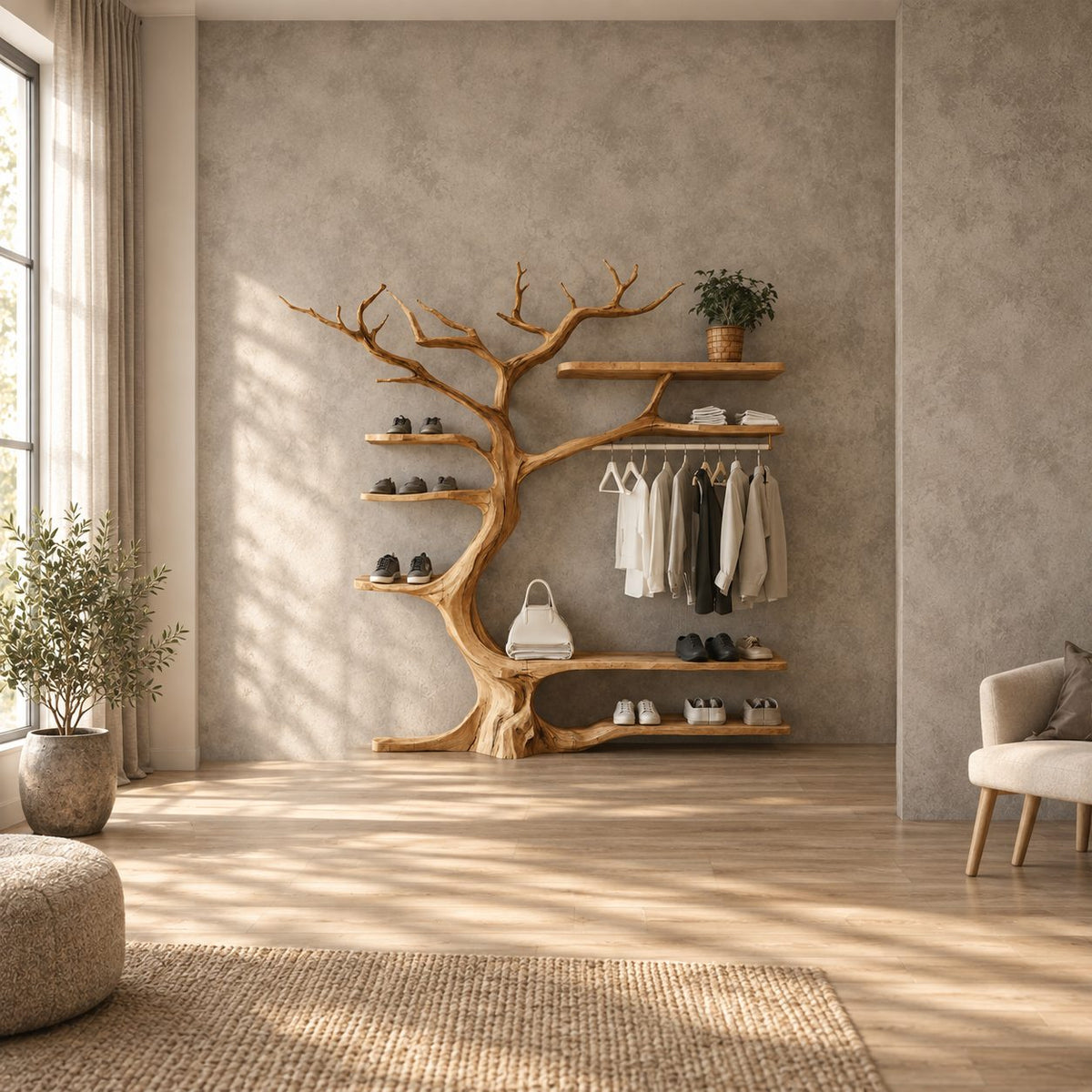 Tree Branch Wall Wardrobe with Hanging Rail and Shoe Shelves, Solid Wood Open Closet Organizer, 60 x 70 Inch