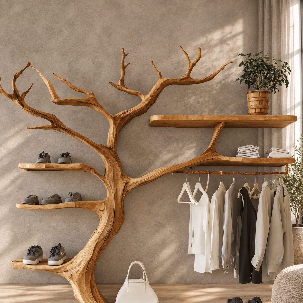 Tree Branch Wall Wardrobe with Hanging Rail and Shoe Shelves, Solid Wood Open Closet Organizer, 60 x 70 Inch