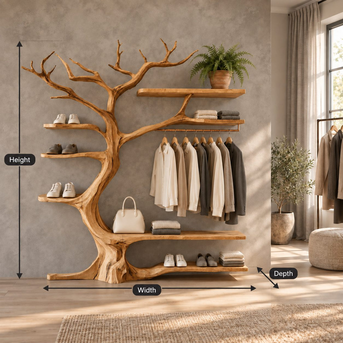 Tree Branch Wall Wardrobe with Hanging Rail and Shoe Shelves, Solid Wood Open Closet Organizer, 60 x 70 Inch
