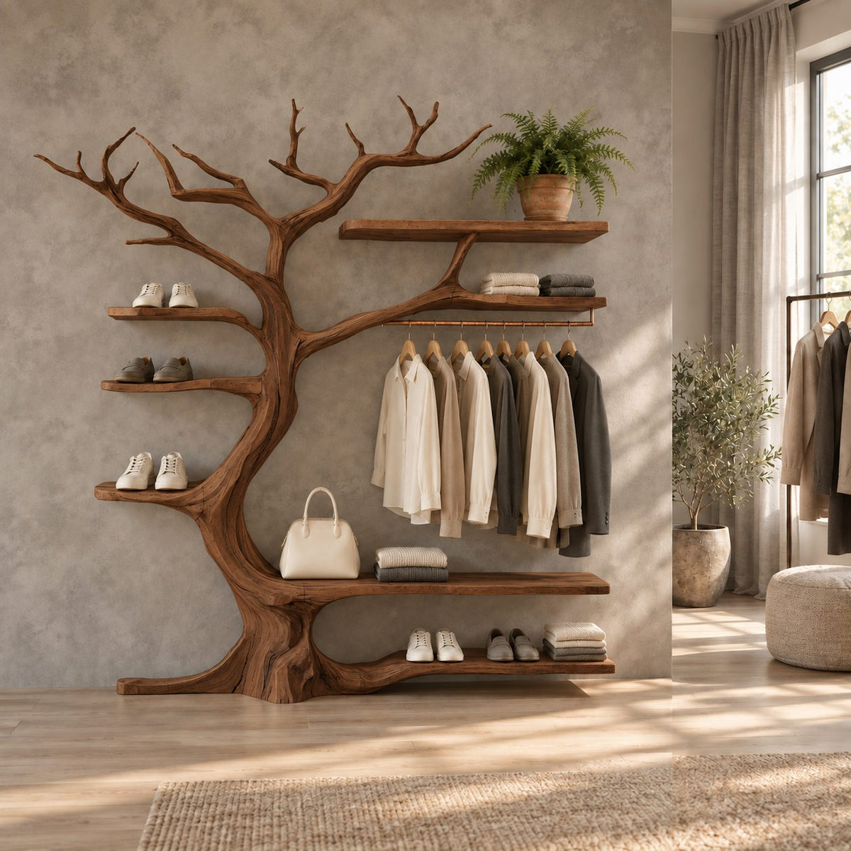 Tree Branch Wall Wardrobe with Hanging Rail and Shoe Shelves, Solid Wood Open Closet Organizer, 60 x 70 Inch