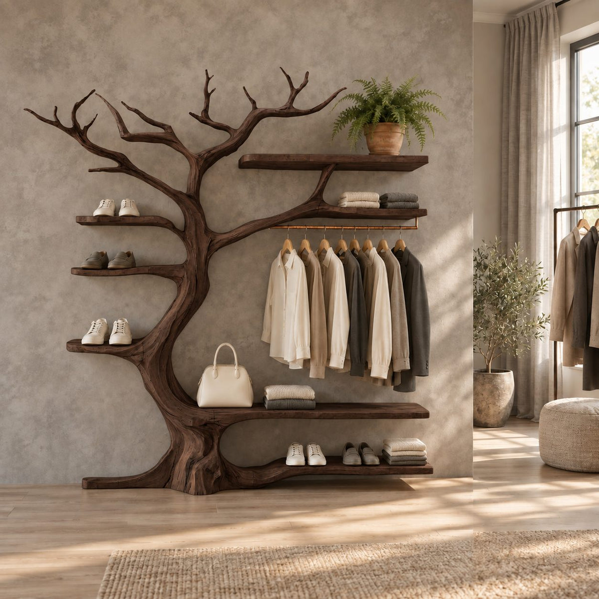 Tree Branch Wall Wardrobe with Hanging Rail and Shoe Shelves, Solid Wood Open Closet Organizer, 60 x 70 Inch