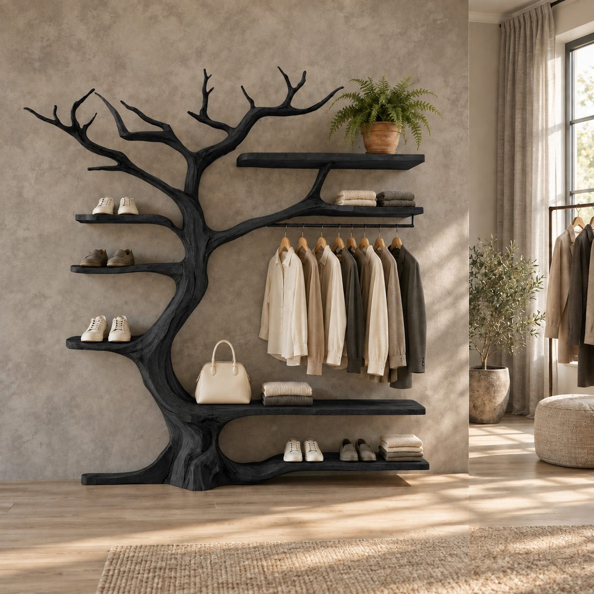 Tree Branch Wall Wardrobe with Hanging Rail and Shoe Shelves, Solid Wood Open Closet Organizer, 60 x 70 Inch