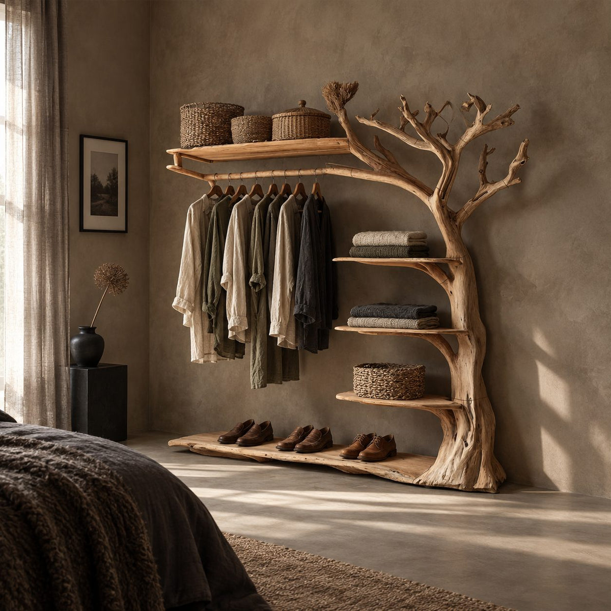 Gnarled Tree Clothes Rack with Top Shelf and Stepped Side Shelves, Solid Wood Open Wardrobe, 60 x 70 Inch