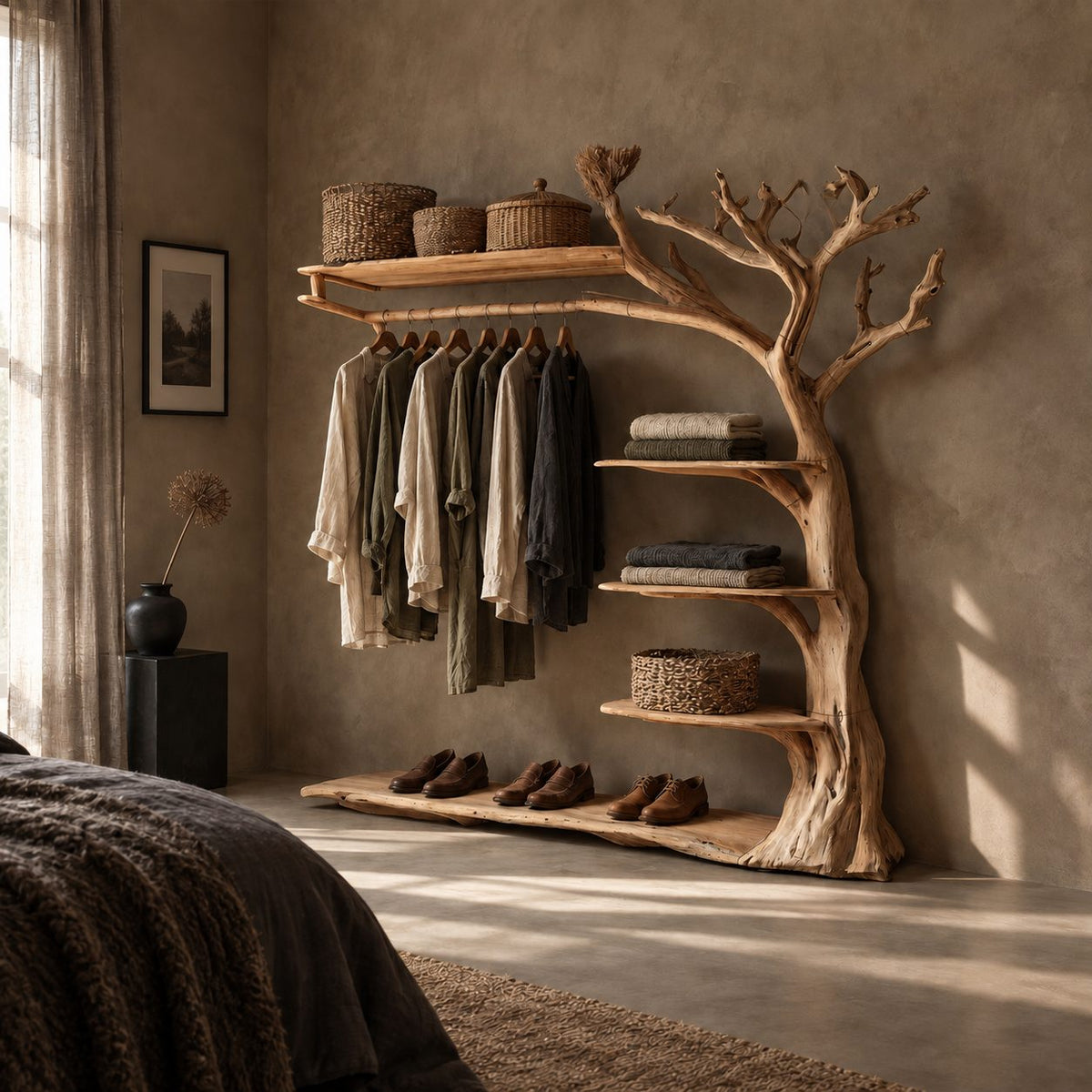 Gnarled Tree Clothes Rack with Top Shelf and Stepped Side Shelves, Solid Wood Open Wardrobe, 60 x 70 Inch