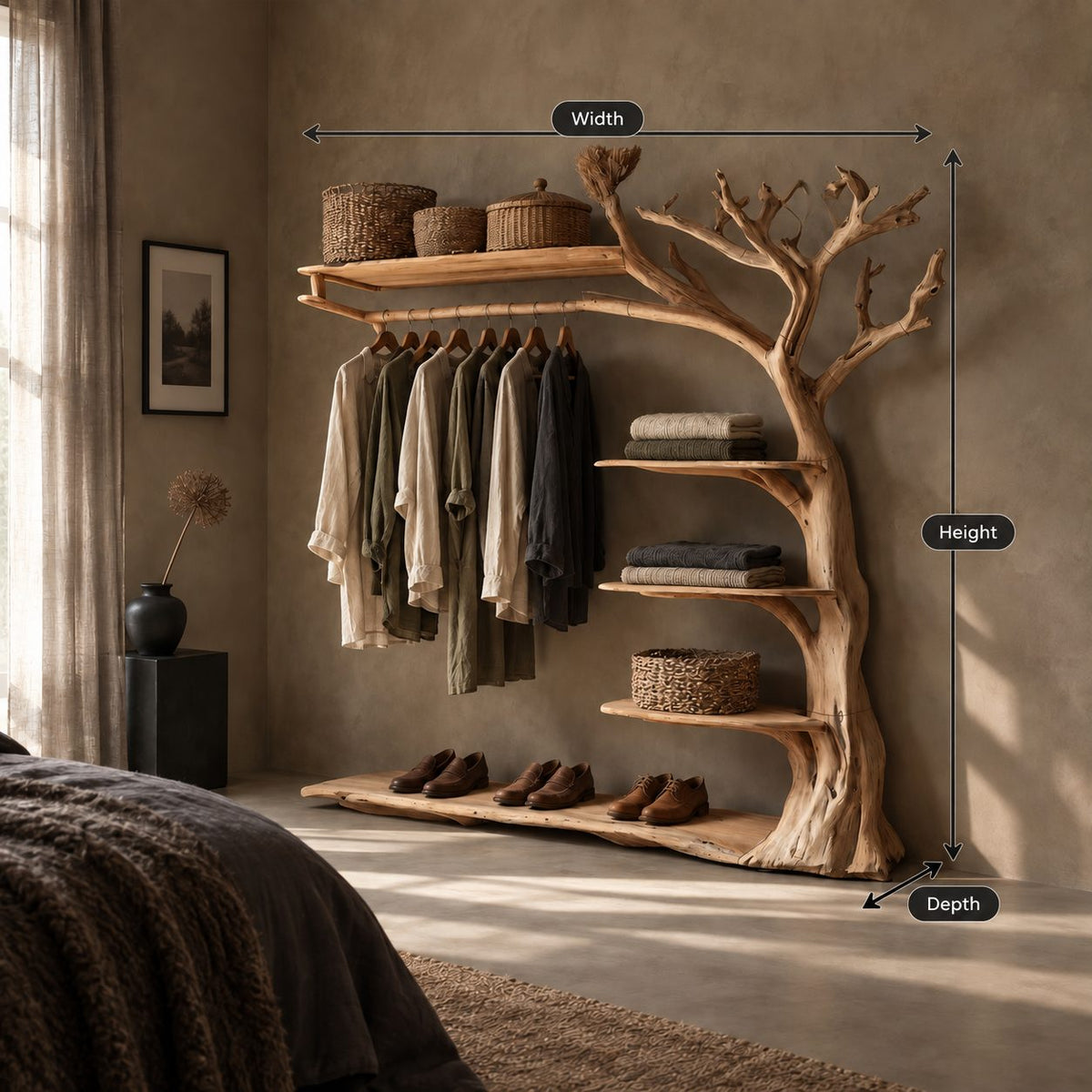 Gnarled Tree Clothes Rack with Top Shelf and Stepped Side Shelves, Solid Wood Open Wardrobe, 60 x 70 Inch