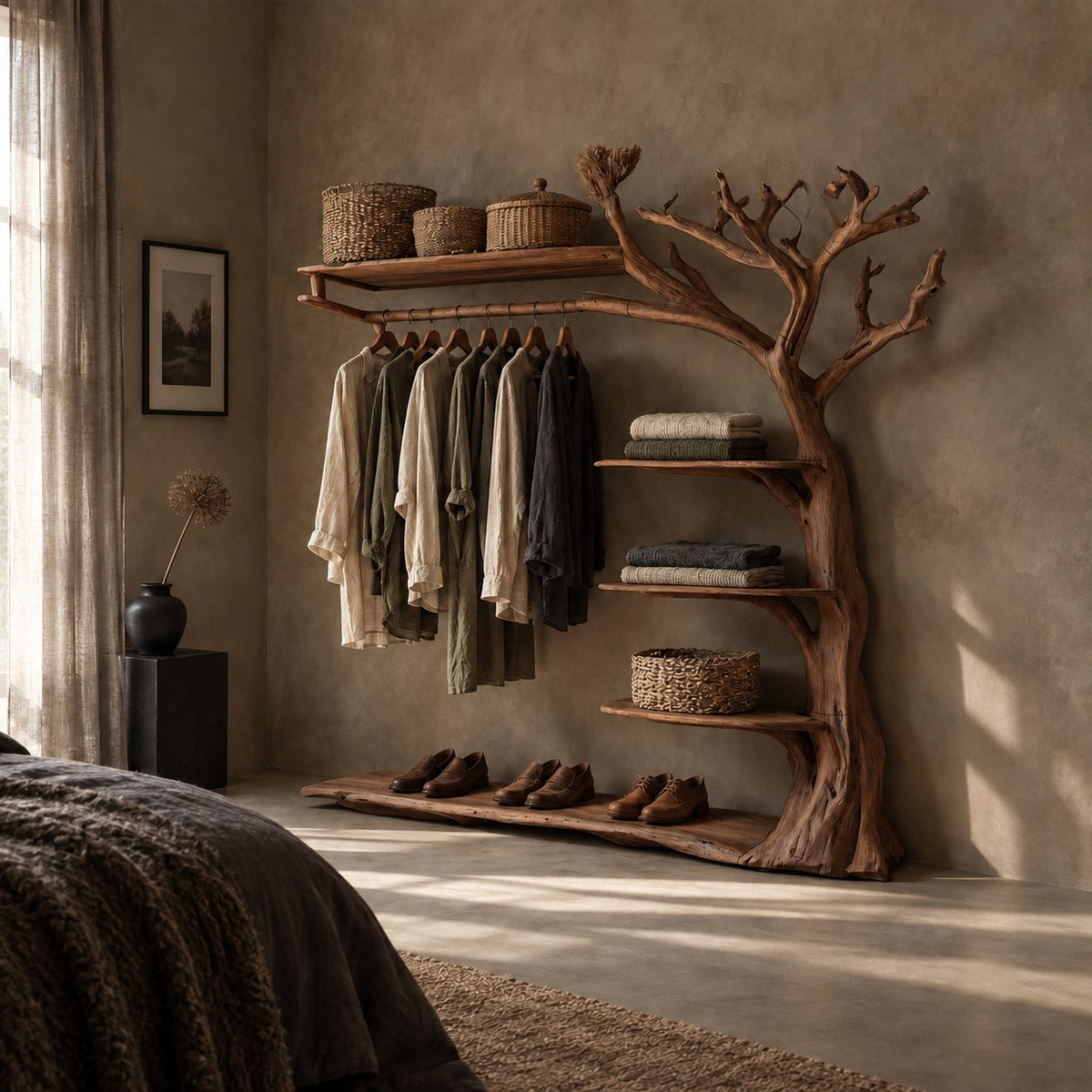 Gnarled Tree Clothes Rack with Top Shelf and Stepped Side Shelves, Solid Wood Open Wardrobe, 60 x 70 Inch
