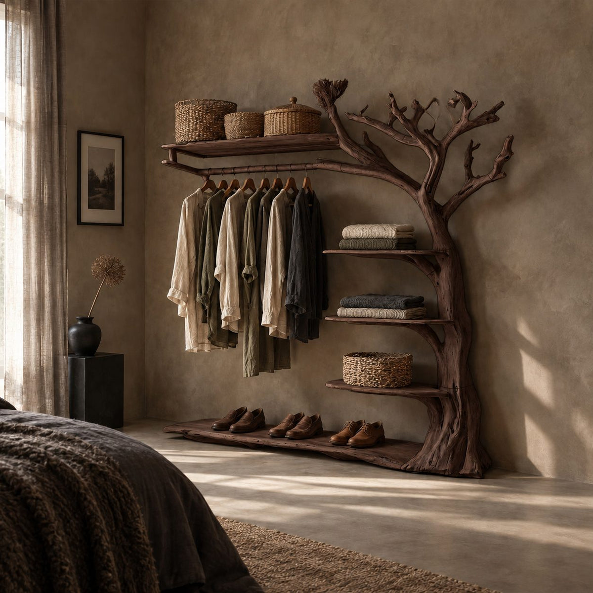 Gnarled Tree Clothes Rack with Top Shelf and Stepped Side Shelves, Solid Wood Open Wardrobe, 60 x 70 Inch