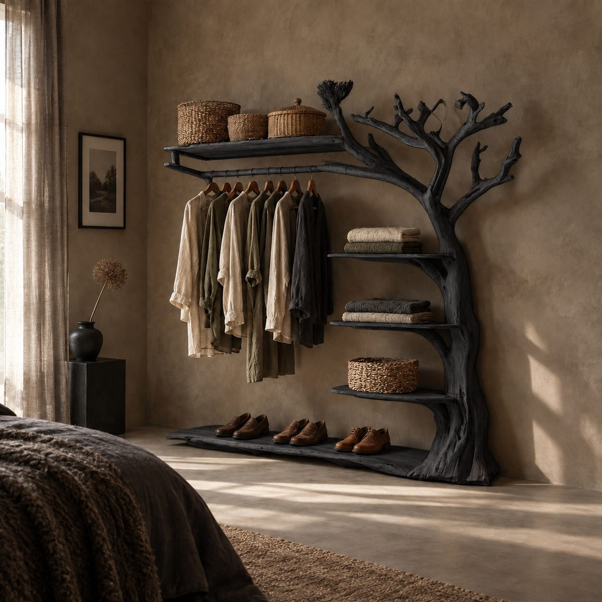 Gnarled Tree Clothes Rack with Top Shelf and Stepped Side Shelves, Solid Wood Open Wardrobe, 60 x 70 Inch