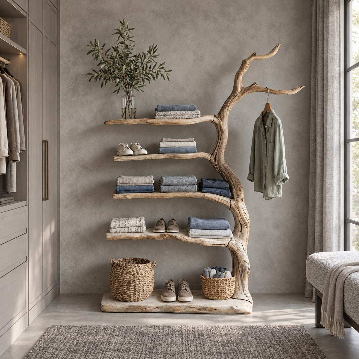 Driftwood Trunk Coat Rack with Five Live Edge Shelves, Solid Wood Clothes and Shoe Storage Tower, 40 x 70 Inch