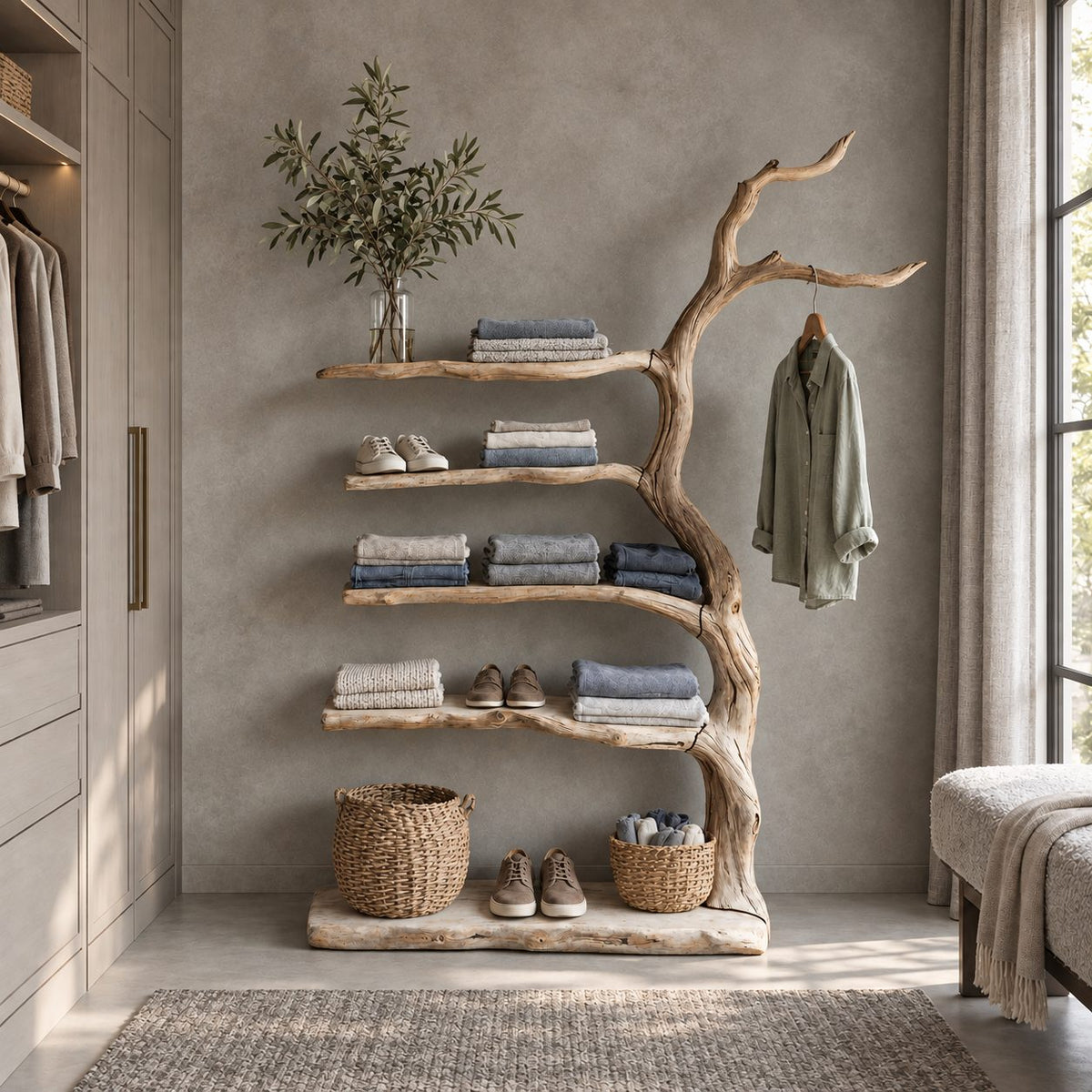 Driftwood Trunk Coat Rack with Five Live Edge Shelves, Solid Wood Clothes and Shoe Storage Tower, 40 x 70 Inch