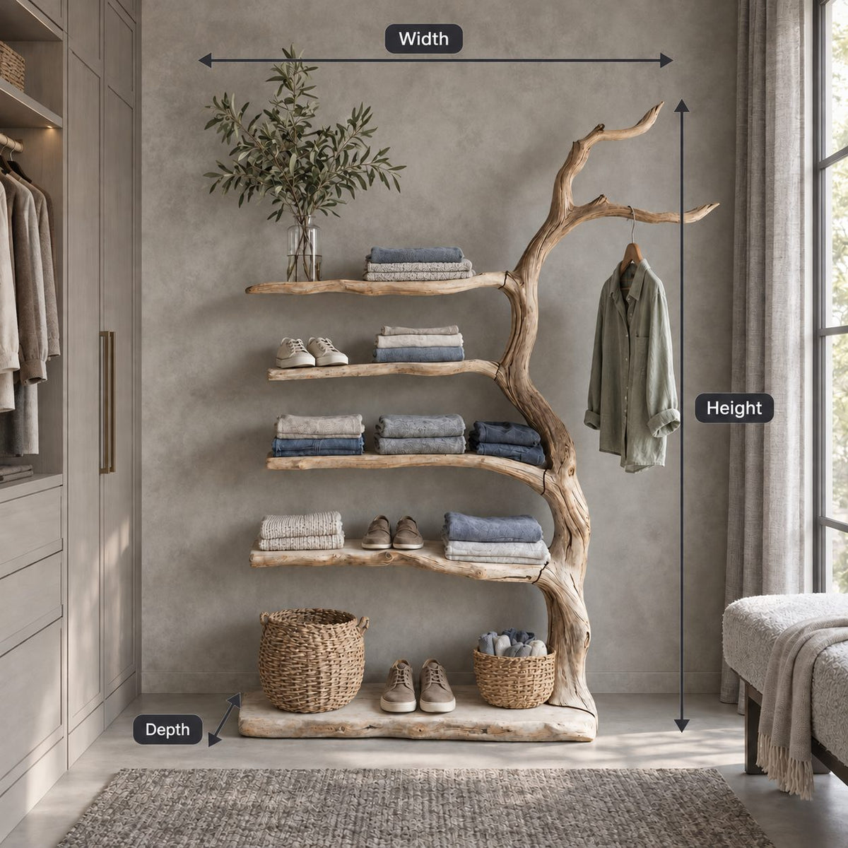 Driftwood Trunk Coat Rack with Five Live Edge Shelves, Solid Wood Clothes and Shoe Storage Tower, 40 x 70 Inch