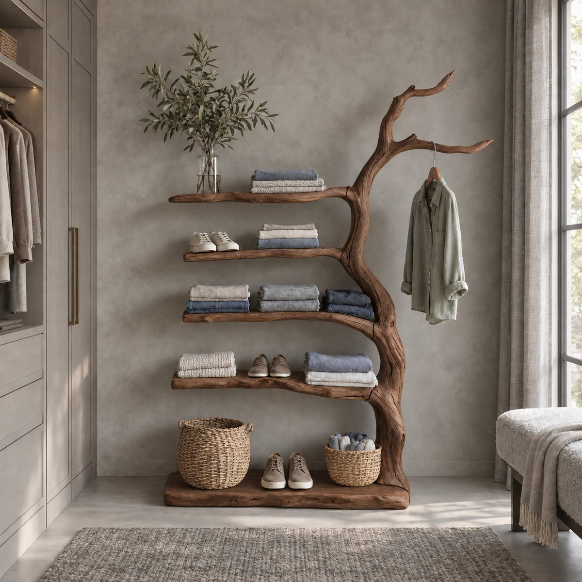 Driftwood Trunk Coat Rack with Five Live Edge Shelves, Solid Wood Clothes and Shoe Storage Tower, 40 x 70 Inch