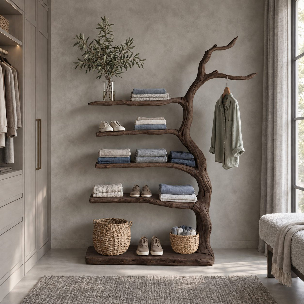 Driftwood Trunk Coat Rack with Five Live Edge Shelves, Solid Wood Clothes and Shoe Storage Tower, 40 x 70 Inch