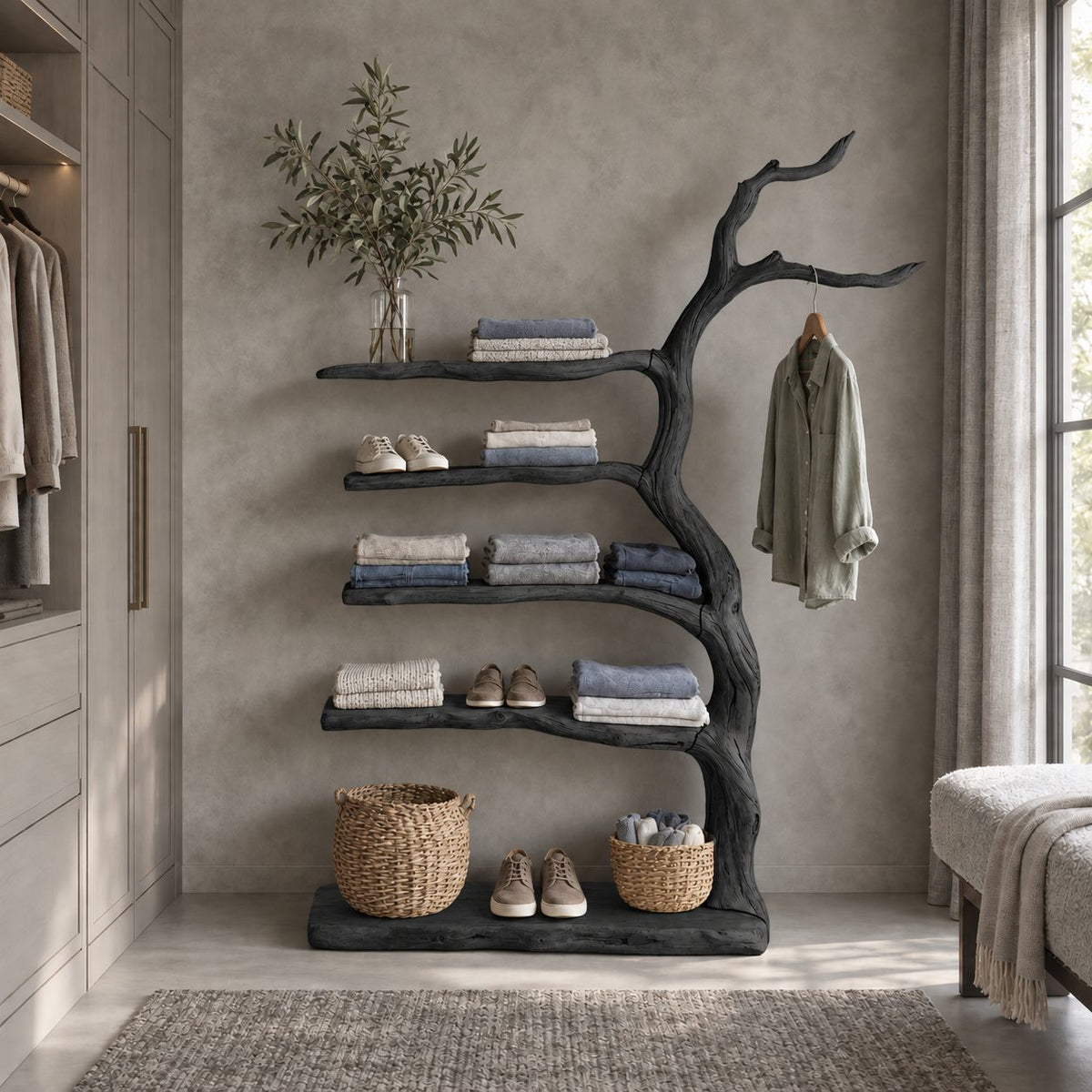Driftwood Trunk Coat Rack with Five Live Edge Shelves, Solid Wood Clothes and Shoe Storage Tower, 40 x 70 Inch