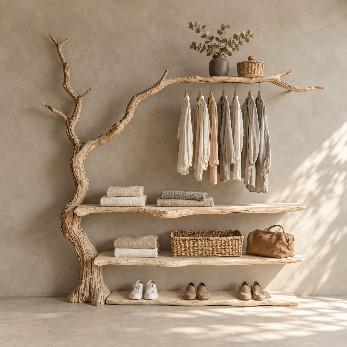 Arching Branch Garment Rack with Three Live Edge Shelves, Solid Wood Tree Clothes and Shoe Organizer, 60 x 60 Inch