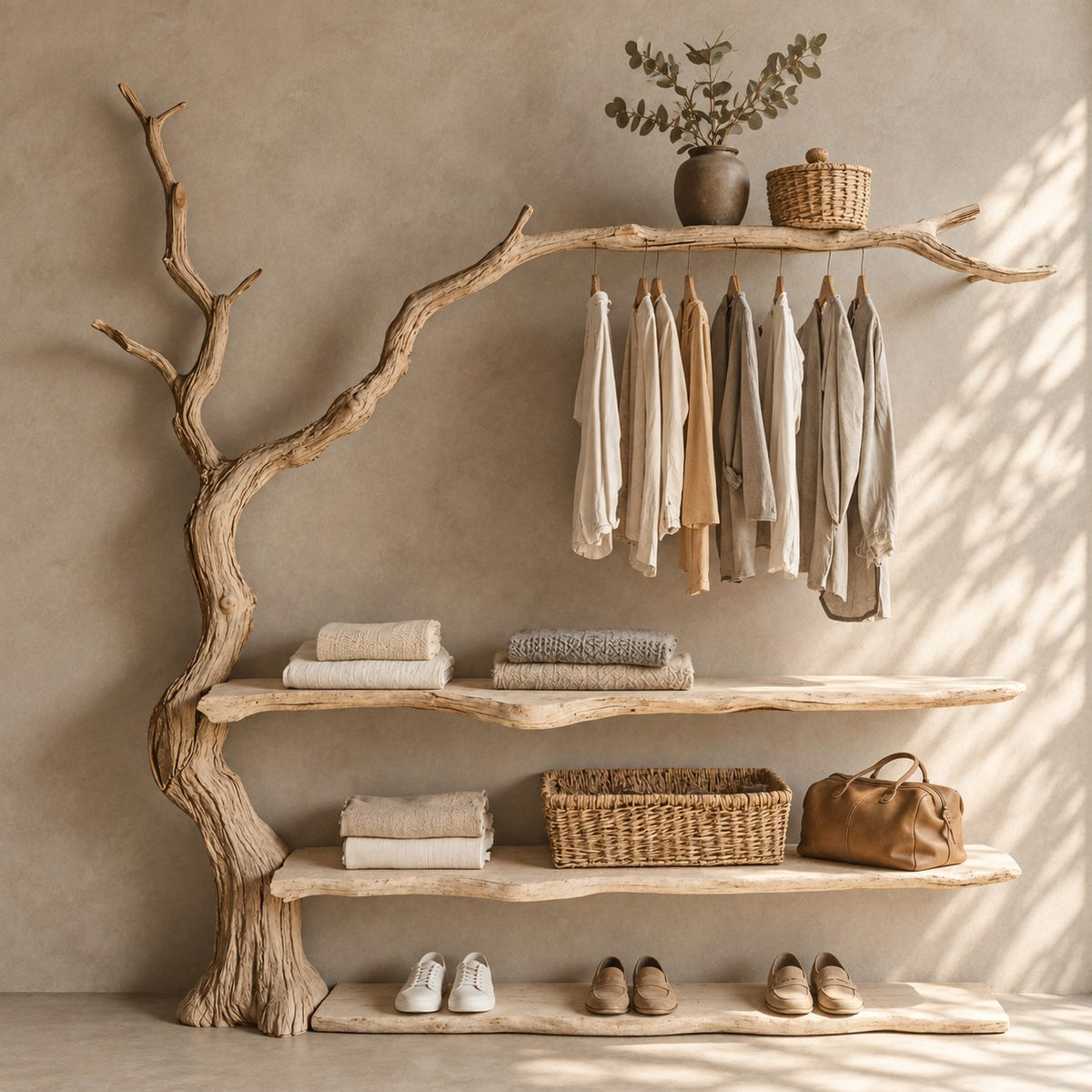 Arching Branch Garment Rack with Three Live Edge Shelves, Solid Wood Tree Clothes and Shoe Organizer, 60 x 60 Inch