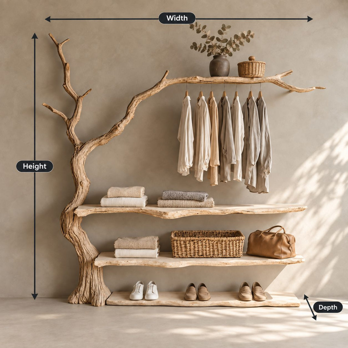 Arching Branch Garment Rack with Three Live Edge Shelves, Solid Wood Tree Clothes and Shoe Organizer, 60 x 60 Inch