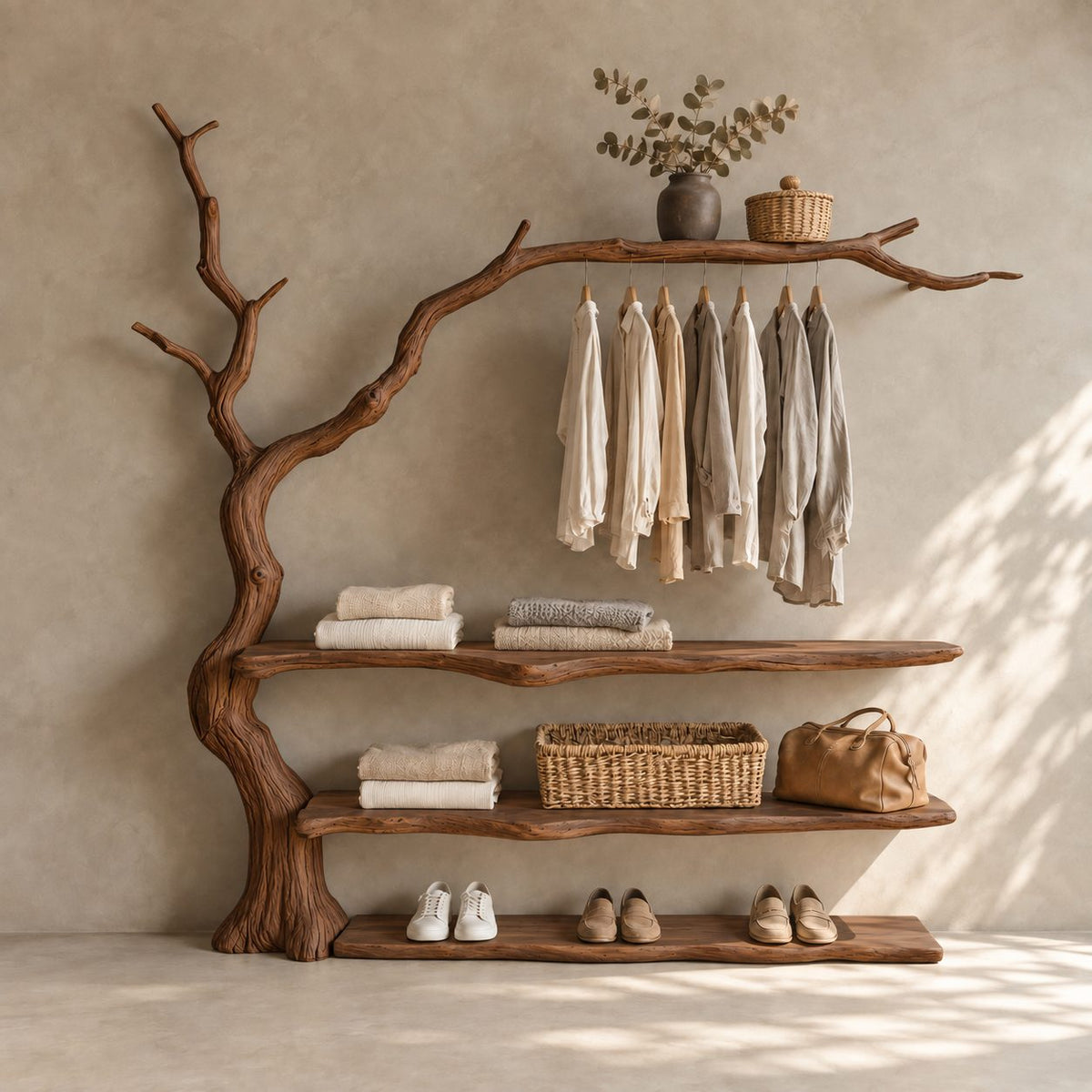 Arching Branch Garment Rack with Three Live Edge Shelves, Solid Wood Tree Clothes and Shoe Organizer, 60 x 60 Inch