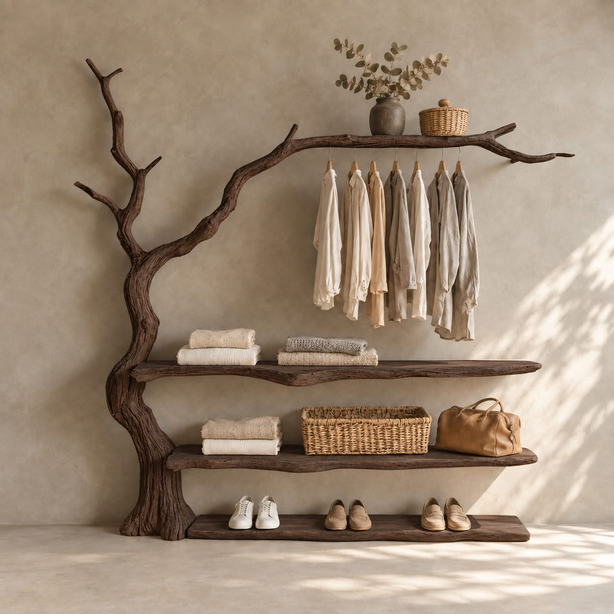 Arching Branch Garment Rack with Three Live Edge Shelves, Solid Wood Tree Clothes and Shoe Organizer, 60 x 60 Inch