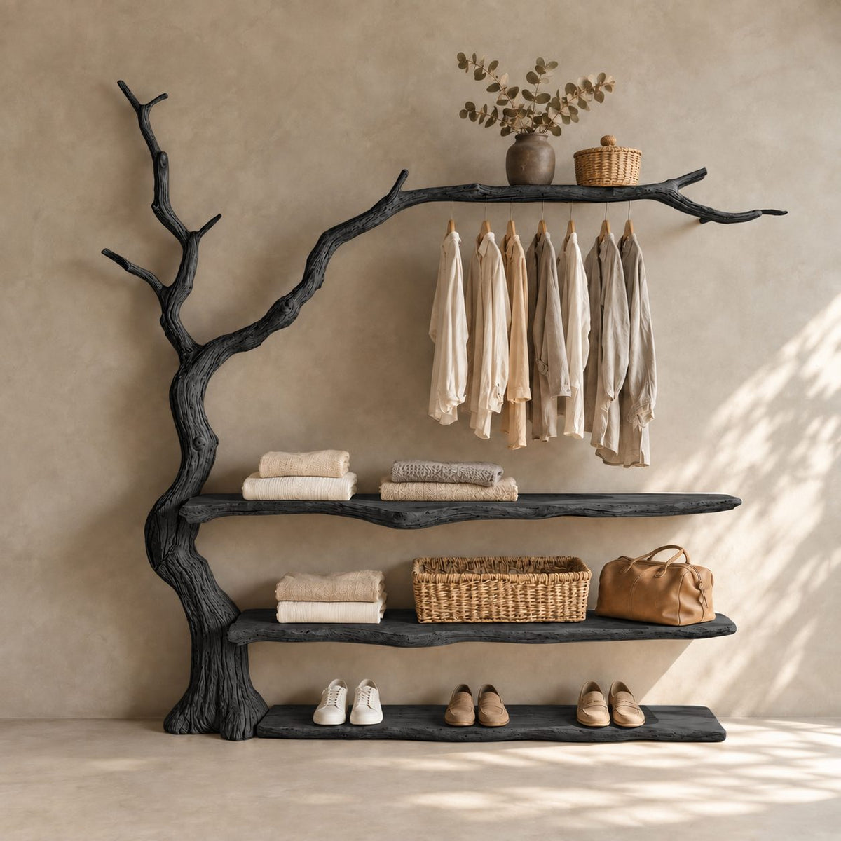 Arching Branch Garment Rack with Three Live Edge Shelves, Solid Wood Tree Clothes and Shoe Organizer, 60 x 60 Inch