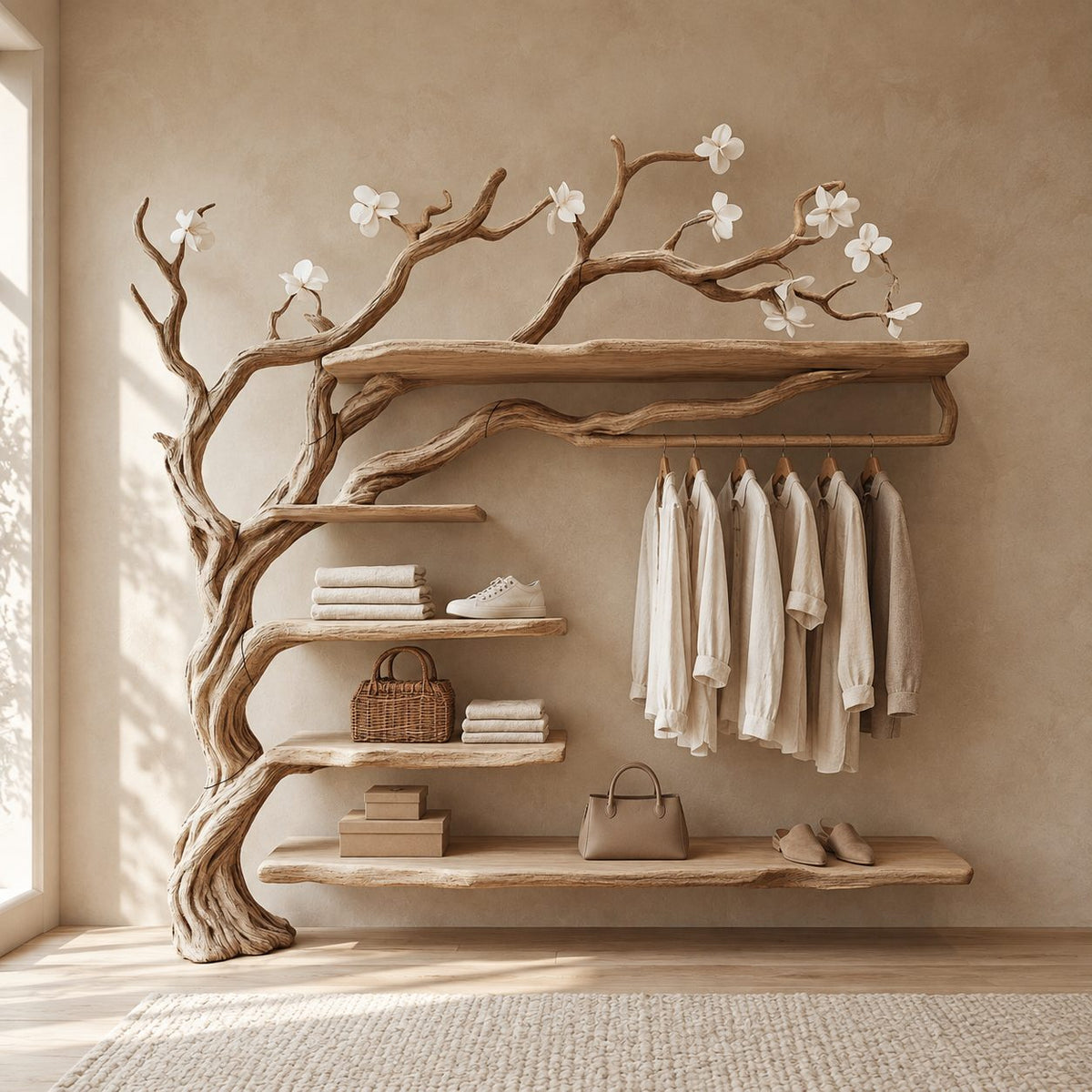 Wall Mounted Driftwood Tree Closet with Hanging Rod and Floating Shelves, Solid Wood Clothes Rack, 60 x 70 Inch