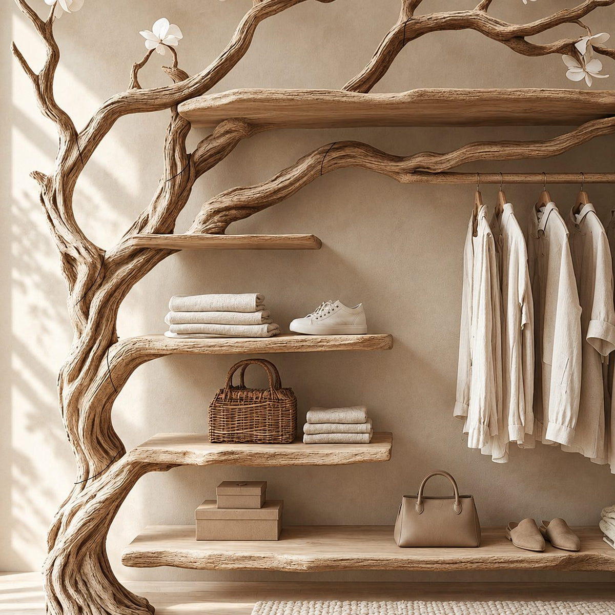Wall Mounted Driftwood Tree Closet with Hanging Rod and Floating Shelves, Solid Wood Clothes Rack, 60 x 70 Inch