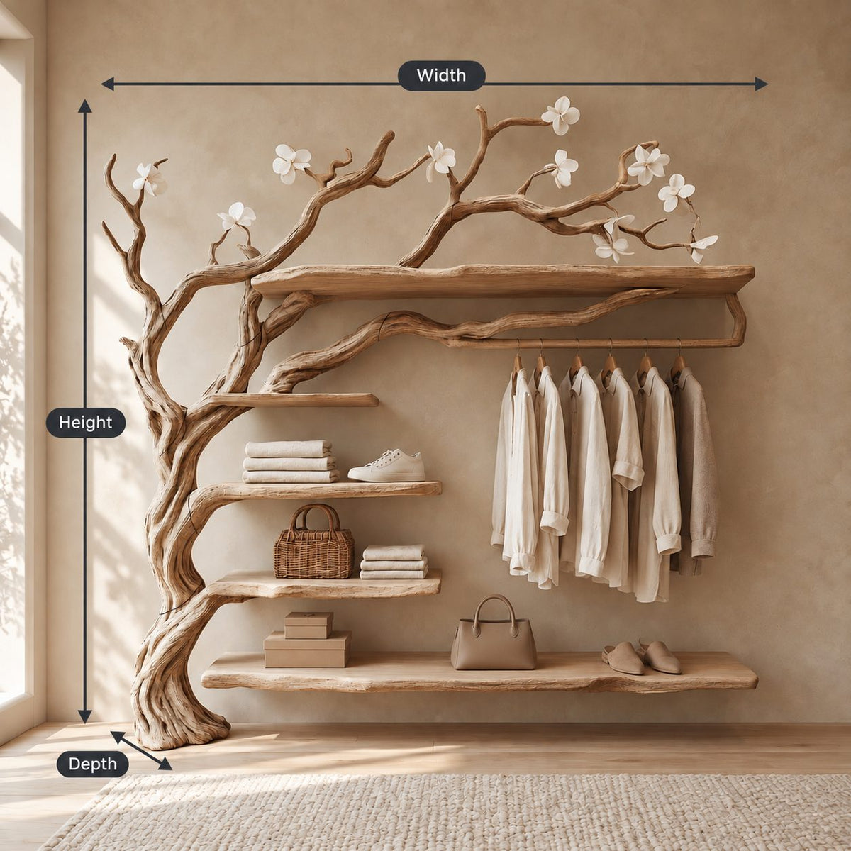 Wall Mounted Driftwood Tree Closet with Hanging Rod and Floating Shelves, Solid Wood Clothes Rack, 60 x 70 Inch