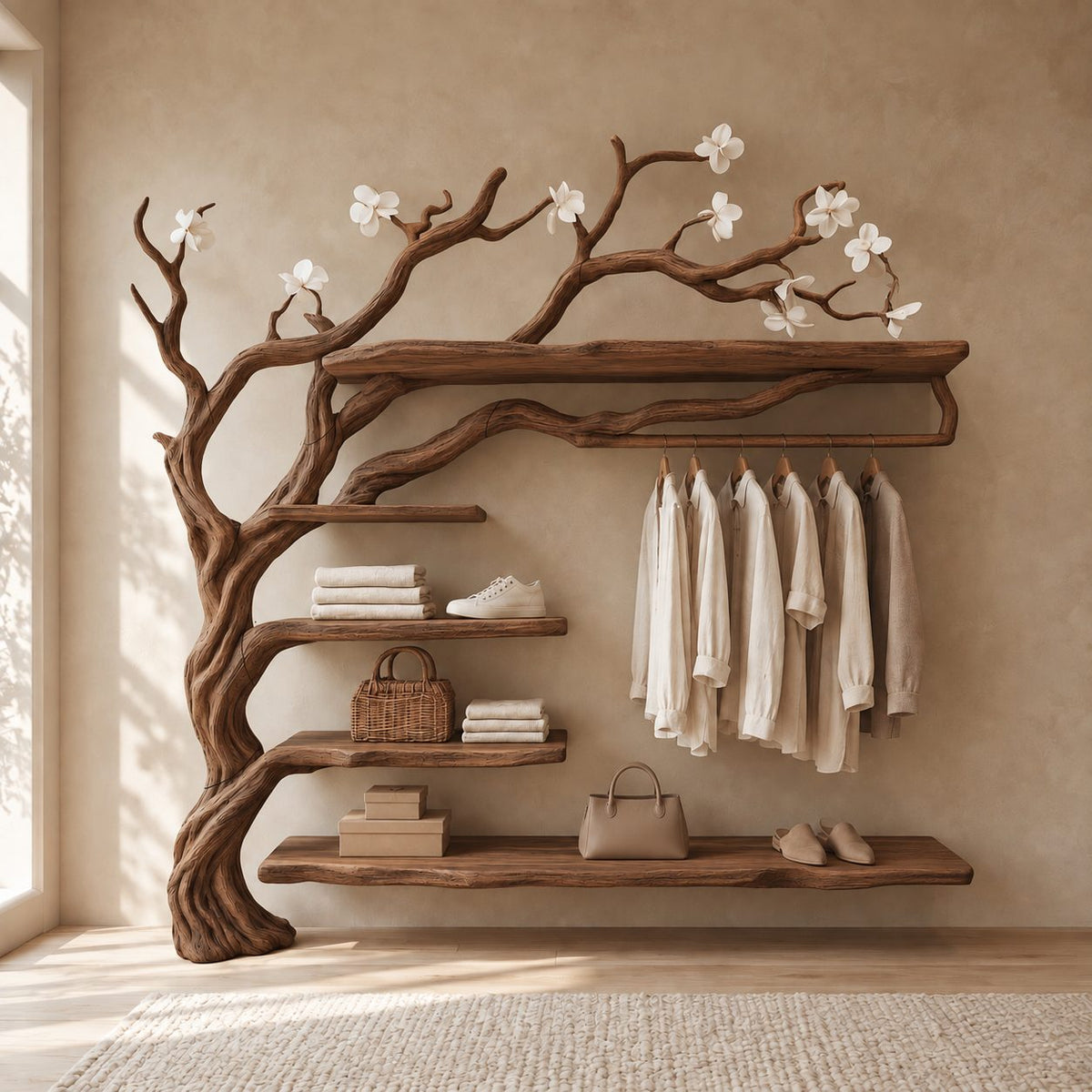 Wall Mounted Driftwood Tree Closet with Hanging Rod and Floating Shelves, Solid Wood Clothes Rack, 60 x 70 Inch