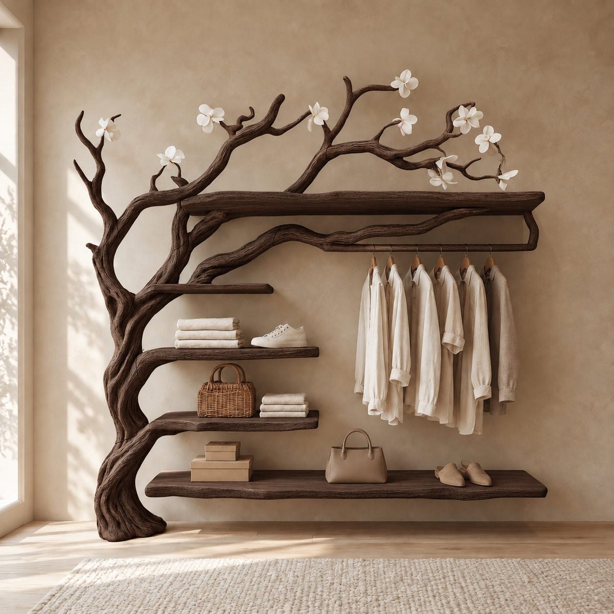 Wall Mounted Driftwood Tree Closet with Hanging Rod and Floating Shelves, Solid Wood Clothes Rack, 60 x 70 Inch