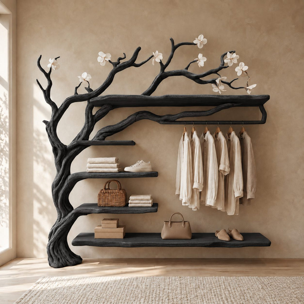 Wall Mounted Driftwood Tree Closet with Hanging Rod and Floating Shelves, Solid Wood Clothes Rack, 60 x 70 Inch