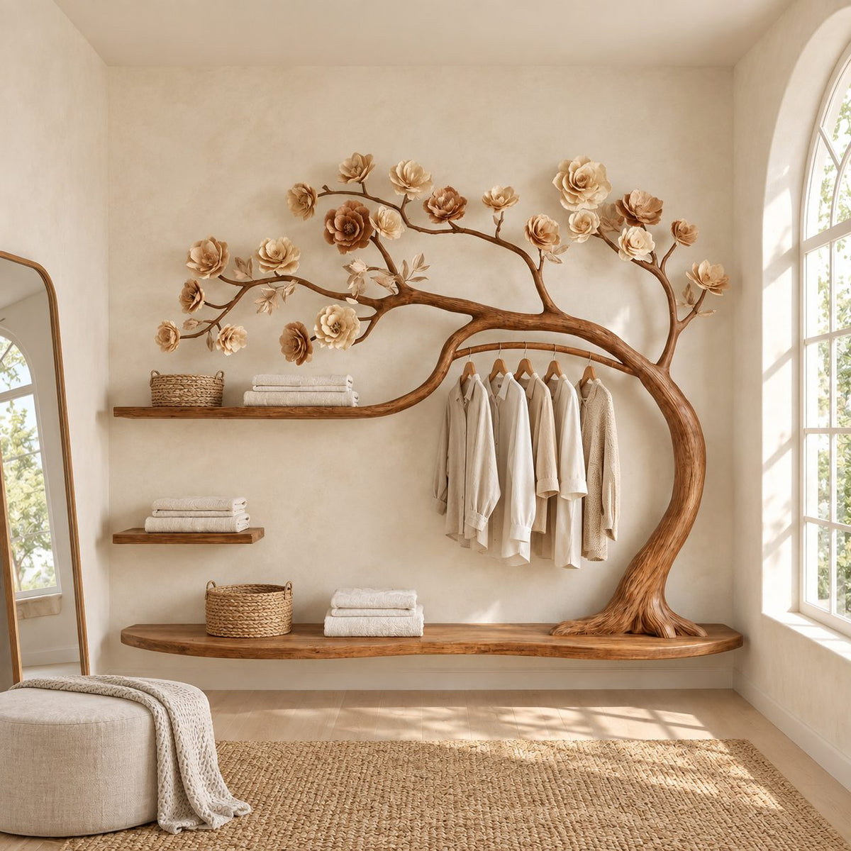 Blossom Tree Wardrobe Wall Unit with Hanging Rail and Floating Shelves, Solid Wood Bedroom Clothes Rack, 70 x 60 Inch