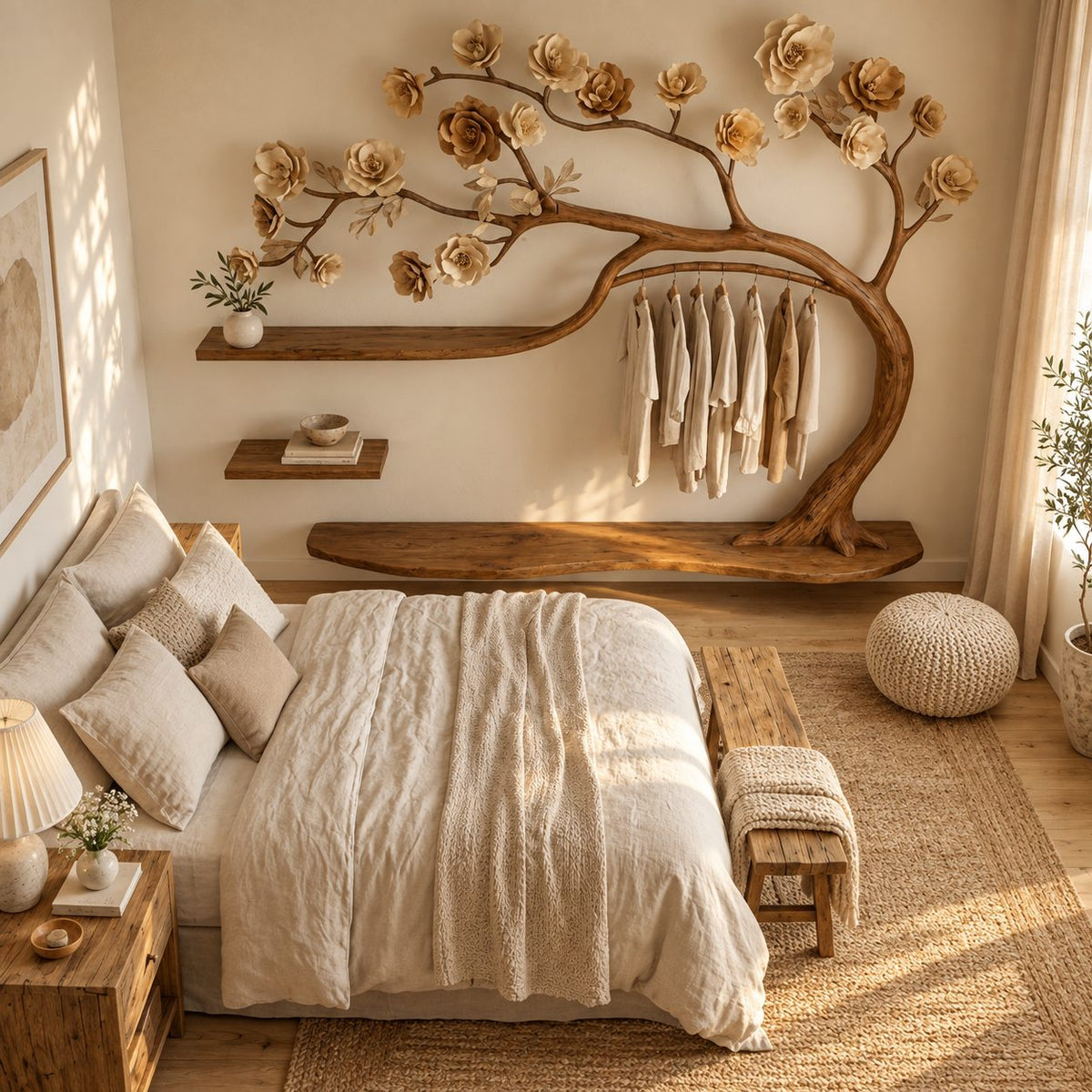 Blossom Tree Wardrobe Wall Unit with Hanging Rail and Floating Shelves, Solid Wood Bedroom Clothes Rack, 70 x 60 Inch