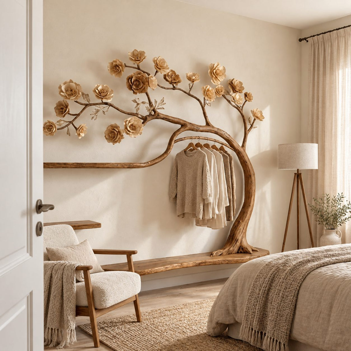 Blossom Tree Wardrobe Wall Unit with Hanging Rail and Floating Shelves, Solid Wood Bedroom Clothes Rack, 70 x 60 Inch