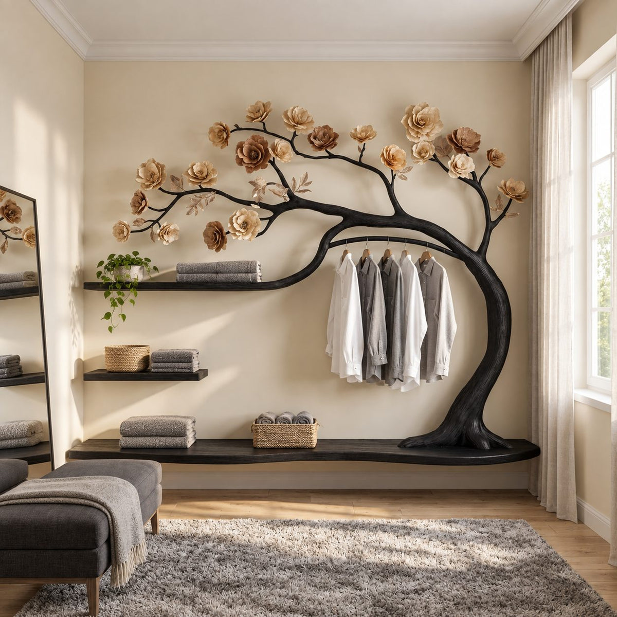 Blossom Tree Wardrobe Wall Unit with Hanging Rail and Floating Shelves, Solid Wood Bedroom Clothes Rack, 70 x 60 Inch