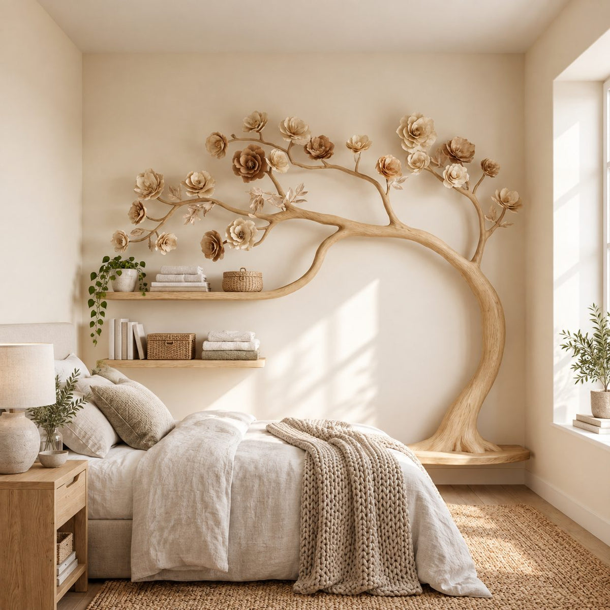 Blossom Tree Wardrobe Wall Unit with Hanging Rail and Floating Shelves, Solid Wood Bedroom Clothes Rack, 70 x 60 Inch