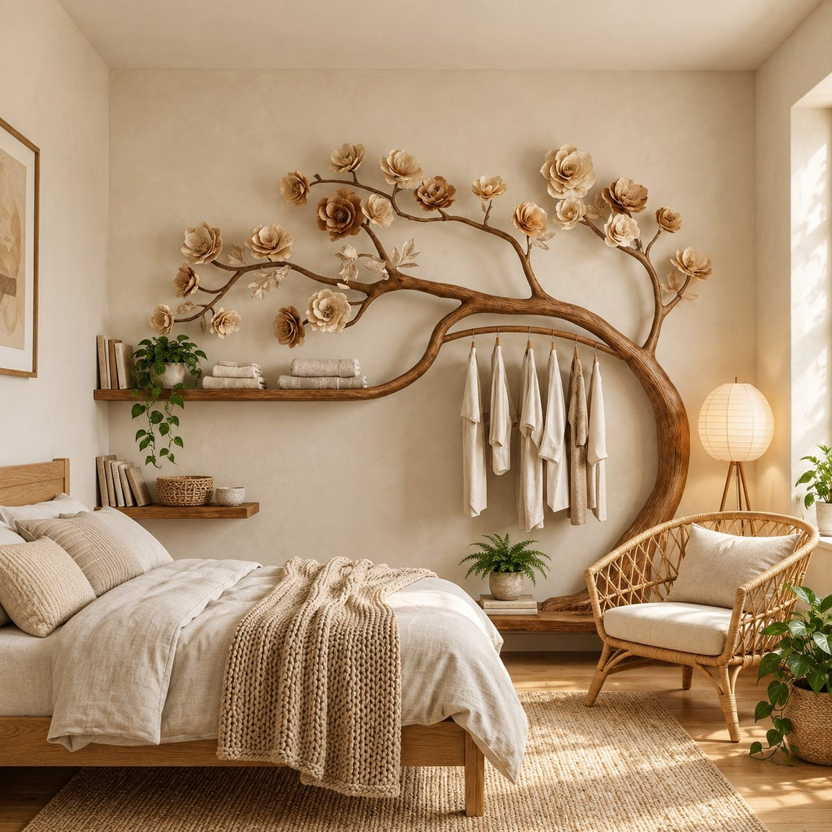 Blossom Tree Wardrobe Wall Unit with Hanging Rail and Floating Shelves, Solid Wood Bedroom Clothes Rack, 70 x 60 Inch