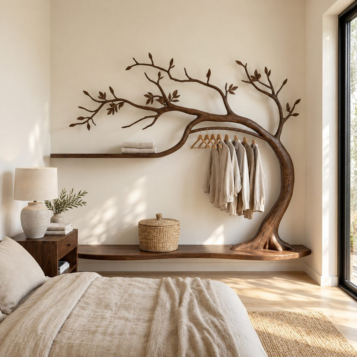 Blossom Tree Wardrobe Wall Unit with Hanging Rail and Floating Shelves, Solid Wood Bedroom Clothes Rack, 70 x 60 Inch