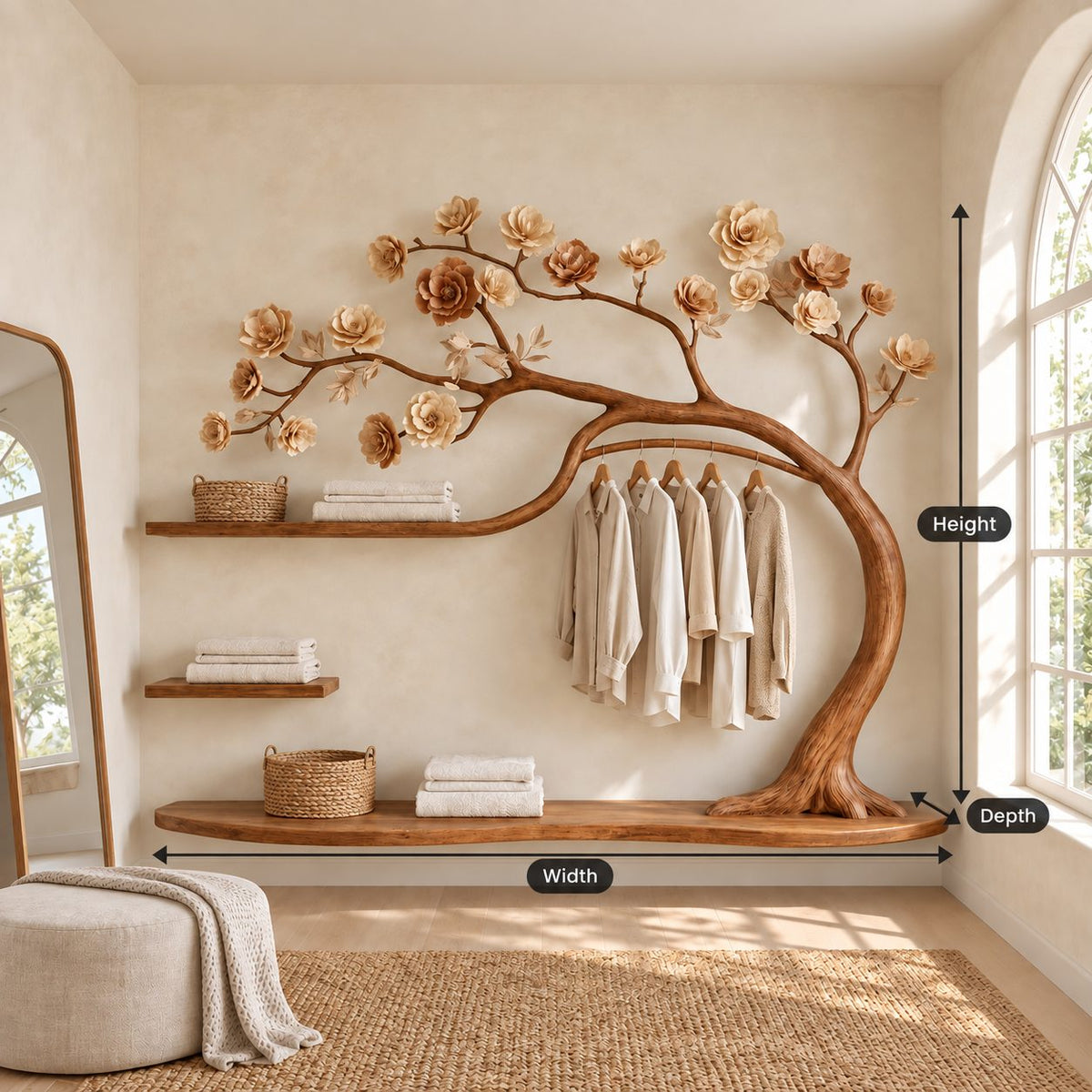 Blossom Tree Wardrobe Wall Unit with Hanging Rail and Floating Shelves, Solid Wood Bedroom Clothes Rack, 70 x 60 Inch