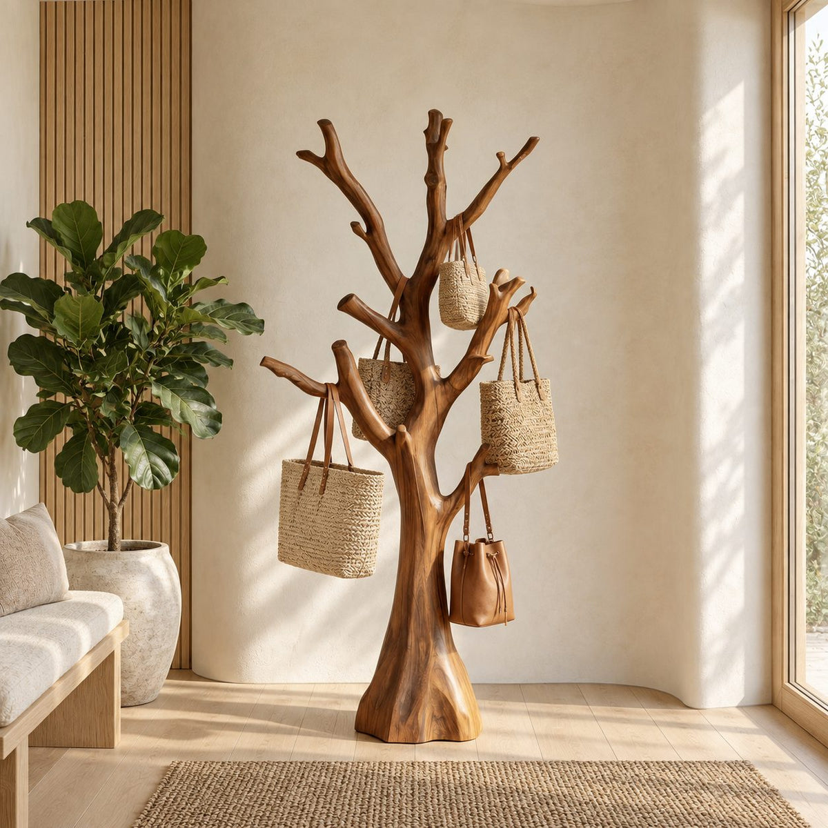 Stump Trunk Tree Coat Stand, Freestanding Solid Wood Hall Tree with Thick Upturned Branches, 60-80 Inch